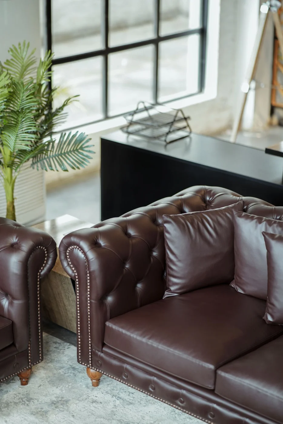 Brown leather sofa beside a window